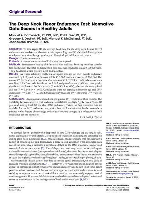 Pdf The Deep Neck Flexor Endurance Test Normative Data Scores In