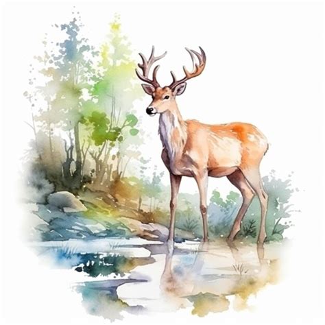 Il Y A Un Cerf Debout Dans L eau Avec Beaucoup D aquarelle Générative