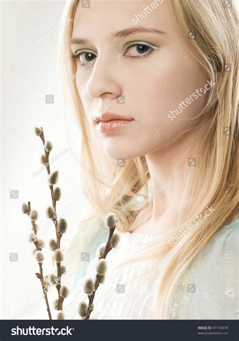 Studio Portrait Beautiful Girl Pussy Willow Buds Stock Photo