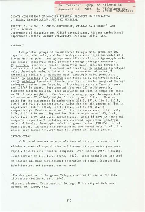 PDF Growth Comparison Of Monosex Tilapia Produced By Separation Of Sex Hybridization And Sex