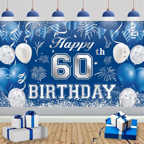 Buy Happy 60th Birthday Decoration Banner 60th Blue Silver Birthday