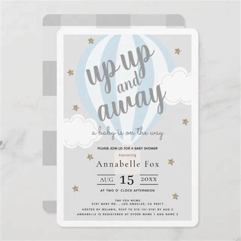Up Up And Away Hot Air Balloon Blue Baby Shower Invitation Zazzle