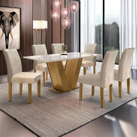 Conjunto Sala De Jantar Mesa Classic 160cm Vidro E 6 Cadeiras