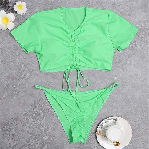Tejiojio Women S Sexy Stripe Print Lace Up High Cut Leg Bikini Set Two Piece Swimsuit On Sale