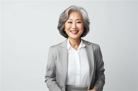 Premium AI Image Asian Mature Woman Laughing Happily In Gray Suit