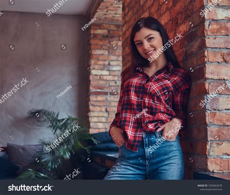 Portrait Sexy Brunette Flannel Shirt Jeans Stock Photo 1036063678