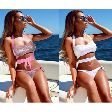 Summer Red White Padded Sequin Bikini Set Swimwear Women Bandage