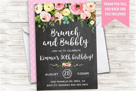 Brunch Birthday Invite Invitation Bubbly Chalkboard Adult 5x7 Etsy