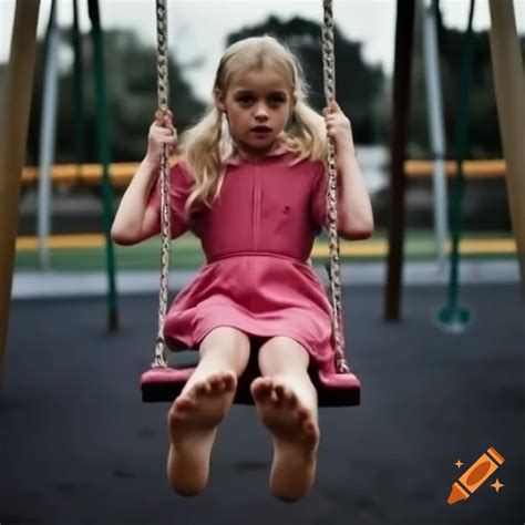 Girl With Blonde Pigtails In Pink Dress Swinging At Playground On Craiyon