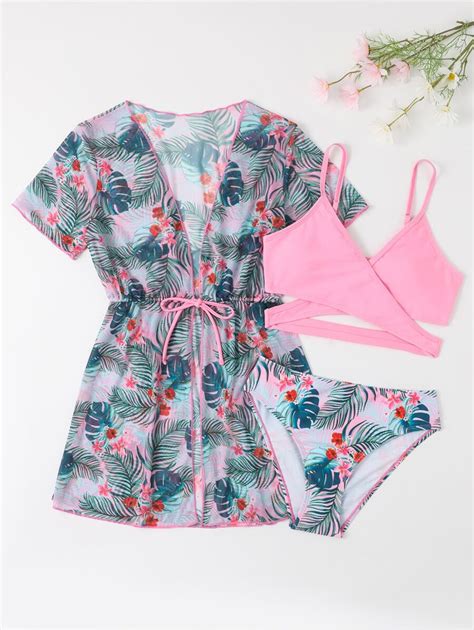 SHEIN Teen Girls Tropical Print Wrap Bikini Set With Kimono Summer Beach SHEIN South Africa