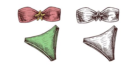 Hand Drawn Colored And Monochrome Sketch Of Bandeau Bikini Set With Starfish Detail In Vintage
