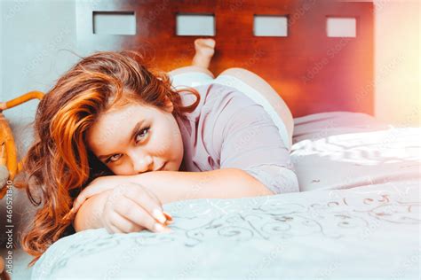 Sensual Plus Size Mexican Female In Lingerie Posing On Bed Latin Chubby Stock Photo Adobe Stock