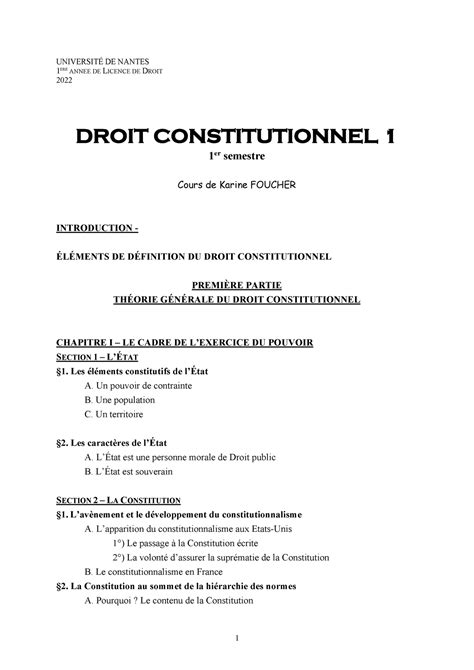 Plan Droit Constitutionnel Universit De Nantes Ere Annee De