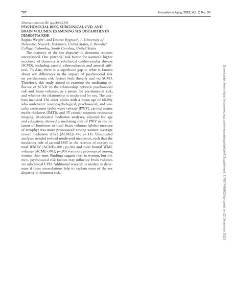 Pdf Psychosocial Risk Subclinical Cvd And Brain Volumes Examining Sex Disparities In