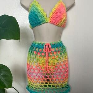 Neon Rainbow Crochet Summer Bikini Set With Cover Up Mesh Skirt Crochet Bra Top Crochet