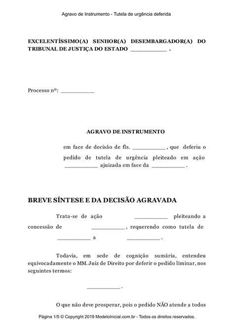 Modelo Agravo de Instrumento Tutela de urgência deferida