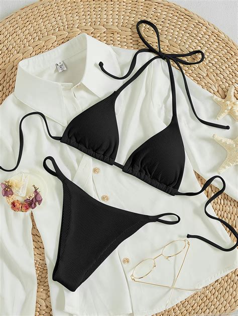 Sọc Bộ Bikini Buộc lại Dây Tam giác Bras Quần lót Thong 2 mảnh Bộ đồ tắm SHEIN