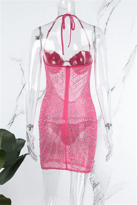 Wholesale Black Sexy Party Hot Drilling Hollowed Out Hot Drill Spaghetti Strap Sling Dress