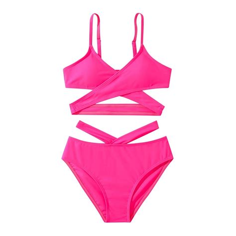Girls Swimsuit Solid Color Bikini Set Cute Piece Swimsuit Criss Cross Bathing Suit Beach Sport