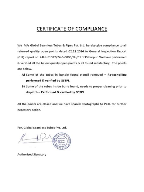 certificate  compliance