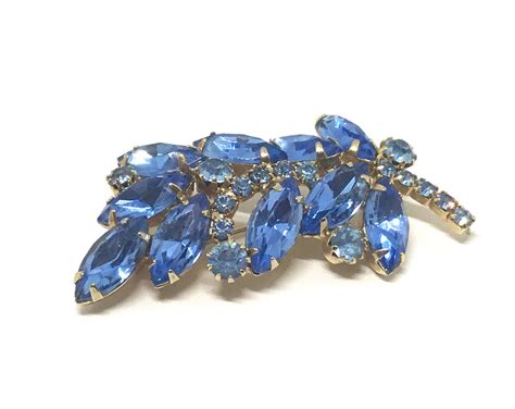 Vintage Blue Rhinestone Leaf Brooch