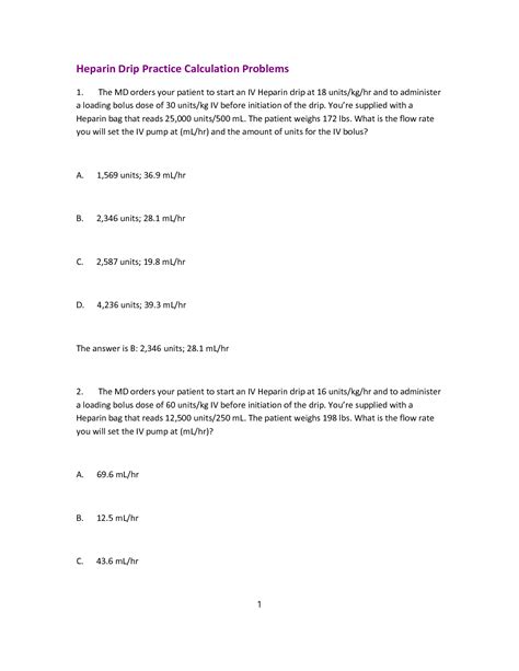 Solution Heparin Drip Practice Calculation Studypool