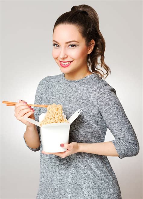 Cute Brunette Eating Asian Food Stock Image Image Of Gorgeous Happy