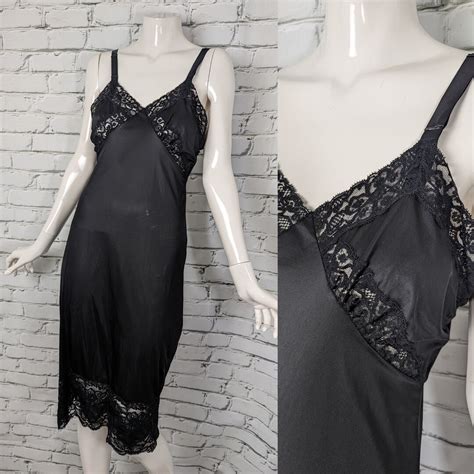 Satin Lingerie Vintage Nightgown Black Lace Slip Dress Sexy Loungewear Nylon Nightgown