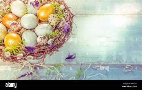 Easter Background With Easter Blue And Gold Eggs Pussy Willow And