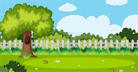 Background Scene With Tree And White Fence In Garden Stock Vector