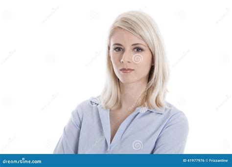 Portrait D Une Jeune Femme D Isolement Blonde D Affaires Dans Le Chemisier Bleu Photo Stock
