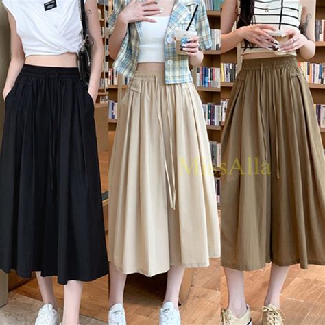 Women Spring Summer Wide Leg Pants Cool Capri Pants Ice Silk Skirt High