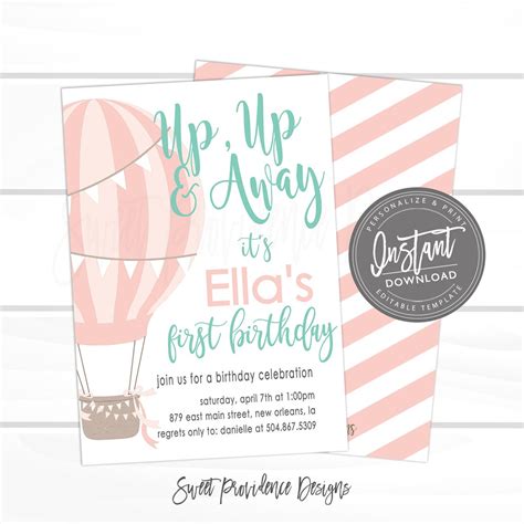 Balloon First Birthday Invitation Hot Air Balloon Invitation Pink Mint Balloon Invitation