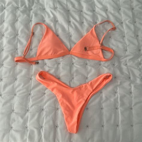 Neon Coral Bikini Set Removable Padding Size Small Depop