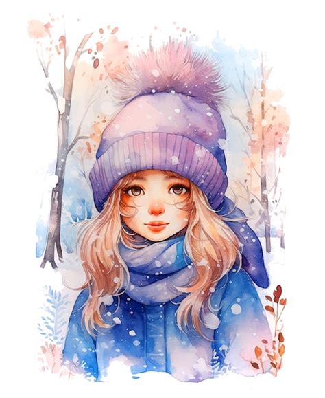 Premium Vector Beautiful Girl In Winter Watercolor Paint