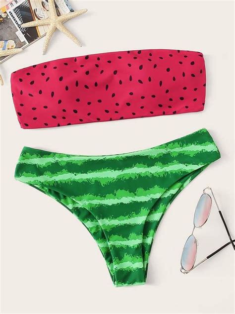 Shein Watermelon Print Bandeau Bikini Set Trendy Swimsuits Bandeau