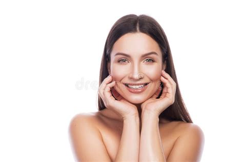 Cute Smiling Brunette Adult With Fresh Clean Skin On Her Face Beauty Headshot Isolated On White