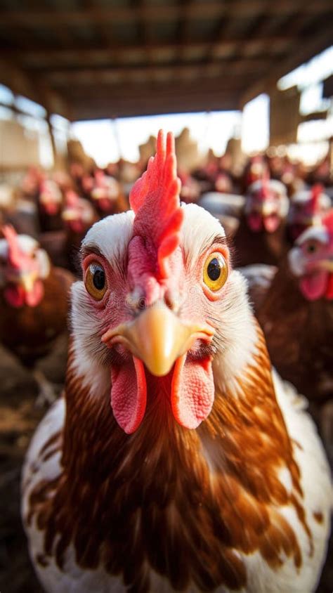 A Hen Lays Eggs At A Chicken Coop In A Group Of Chickens At A Bio Farm