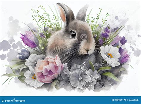 watercolor illustration   gray easter bunny   bouquet