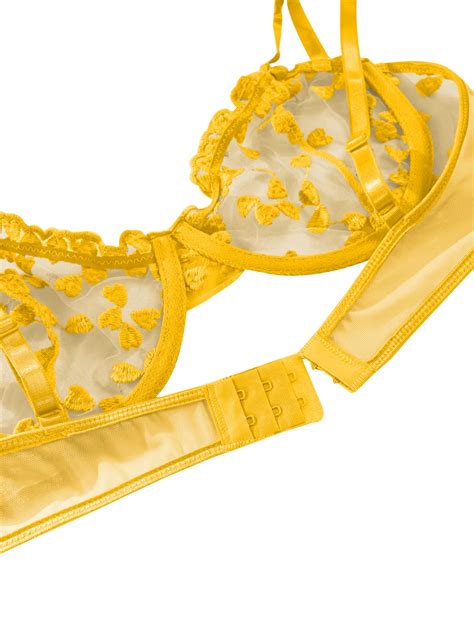 Snapklik Petite Sexy Cute Underwire Push Up Strappy Heart Embroidered Mesh Sheer Lingerie