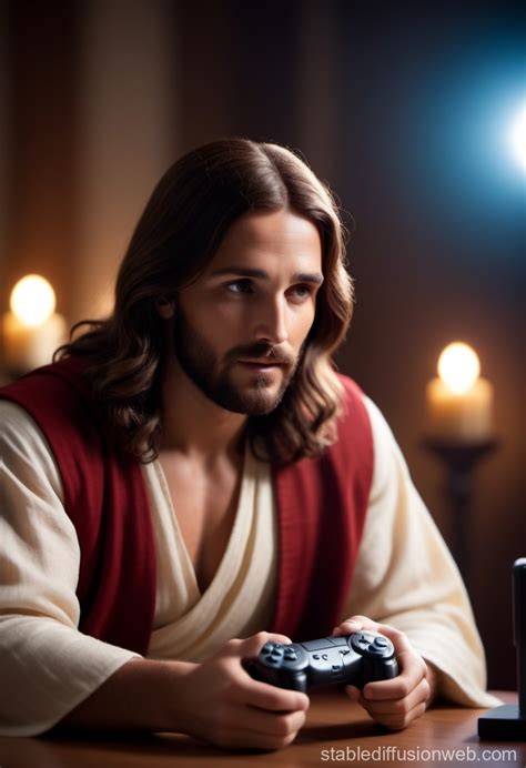 Jesus Engaging In Video Game Stable Diffusion Online