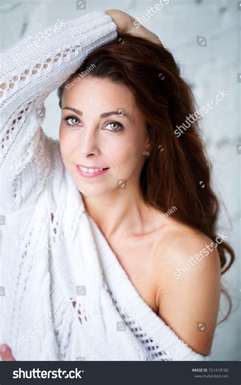 Beautiful Sexy Brunette White Warm Sweater Stock Photo 721418182 Shutterstock