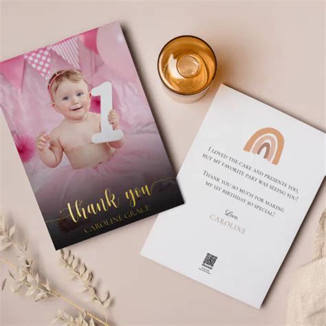 Photo First Birthday Boho Rainbow Thank You Card Zazzle