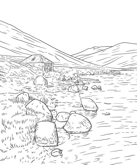 Mountain Scenery With River Side Boat House Hand Drawn Vector Drawing