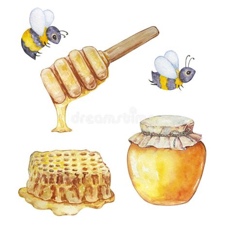 Watercolor Honey Set Bees Honey In A Jar And Honeycombs Stock