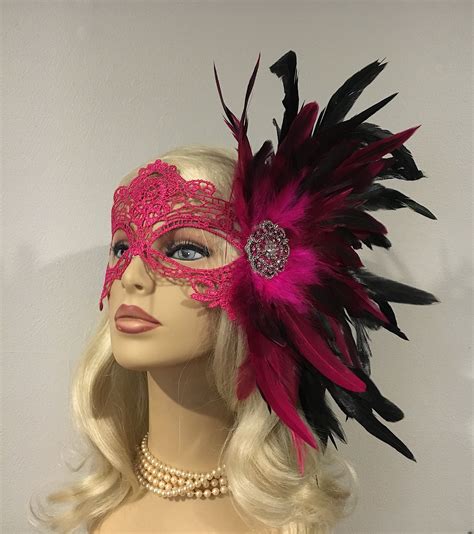 Pink Mask Lace Masquerade Mask With Feathers Masked Ball Womens