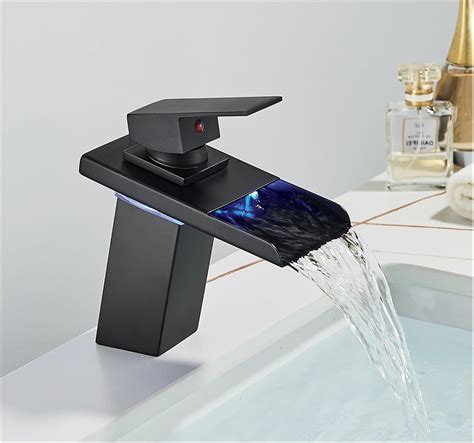 Black Led Waterfall Basin Bathroom Faucet Deck Mounted Hot Cold Water Mixer Taps Three Color