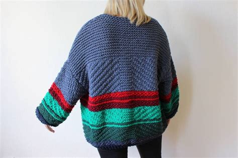 Oversize Chunky Knit Striped Cardigan Textured Colored Hand Etsy