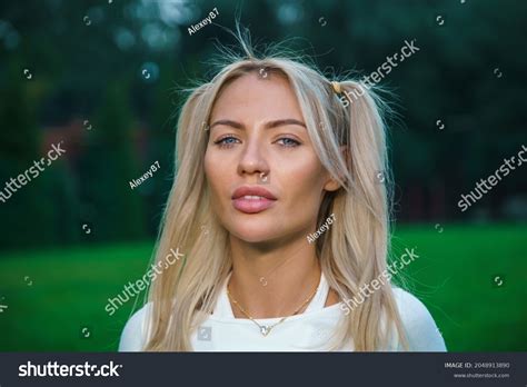 Blonde Model Sexy Cheerleader Portrait Summer Stock Photo