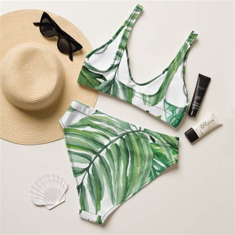 Recycled High Waisted Green Palm Bikini Etsy